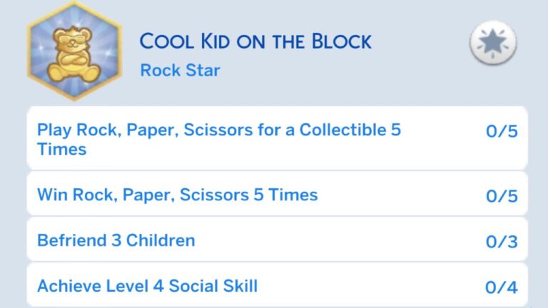 A screenshot from The Sims 4 showing the first stage of the cool kid on the block aspiration