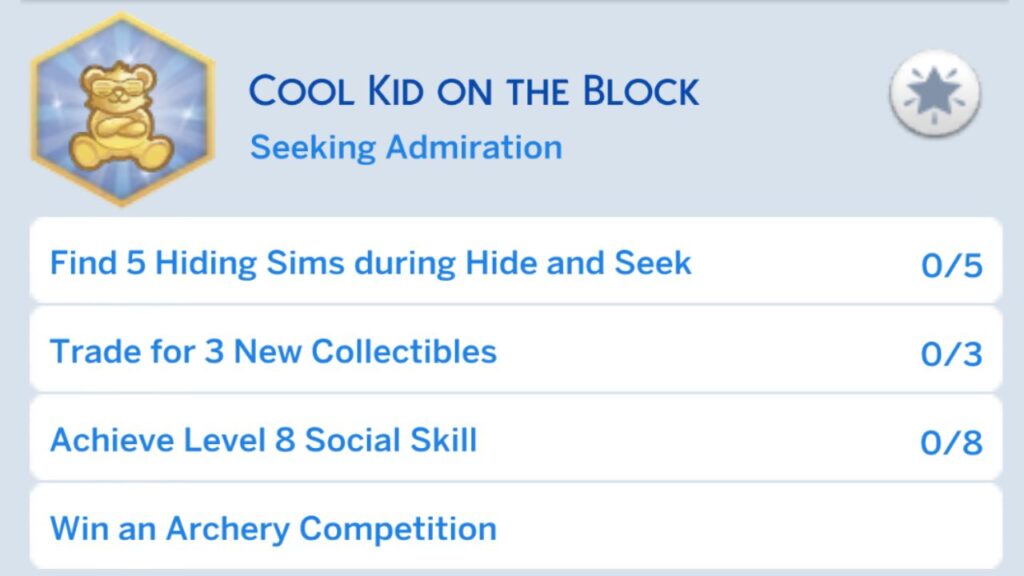 A screenshot from The Sims 4 showing the second stage of the cool kid on the block aspiration 
