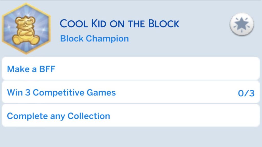 A screenshot from The Sims 4 showing the third stage of the cool kid on the block aspiration 