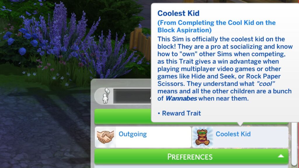 A screenshot from The Sims 4 showing the coolest kid reward trait from the coolest kid on the block aspiration 
