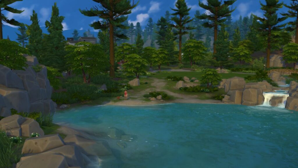 A screenshot from The Sims 4 showing a sim in a red bathing suit fishing between a waterfall and rocks