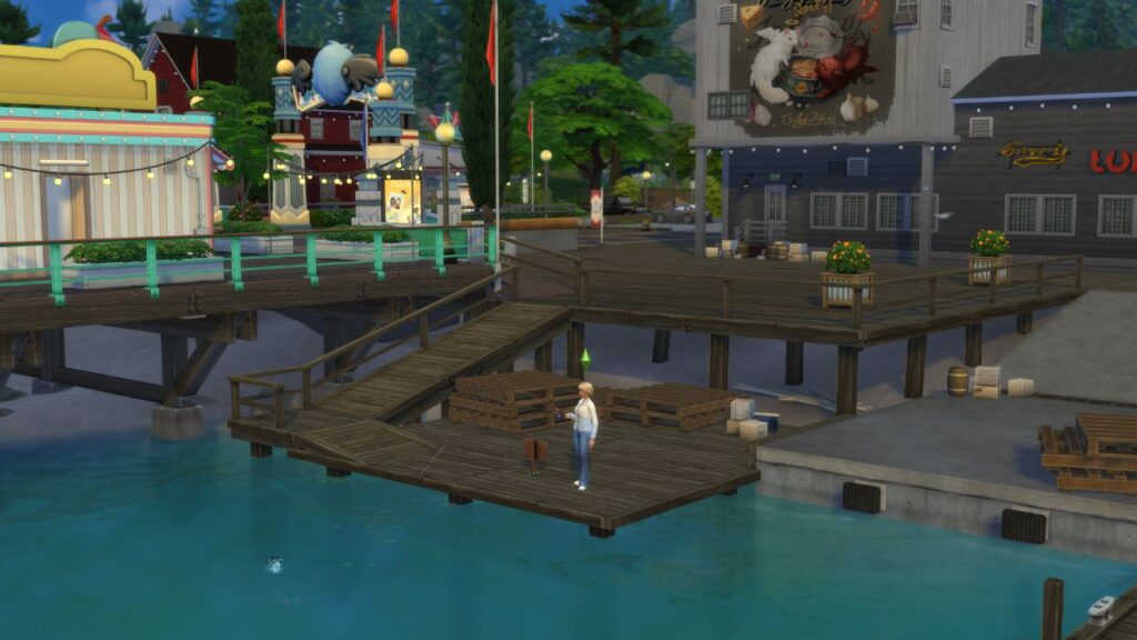 A screenshot from The Sims 4 showing a sim fishing on a piece