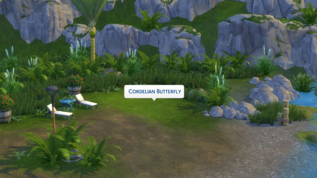 A screenshot from The Sims 4 showing a Cordelian Butterfly on a beach side