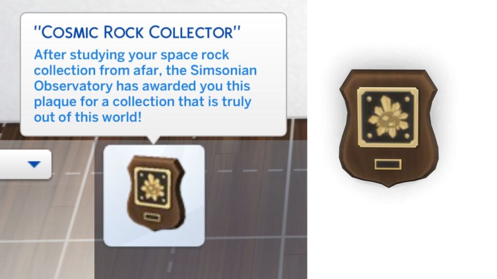 A screenshot from The Sims 4 showing the Cosmic Rock Collector plaque for finishing a space rock collection