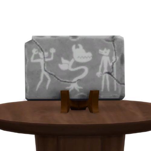 A screenshot from The Sims 4 showing a brown wood table and on top is a tablet with two werewolves trying to tame a cowplant