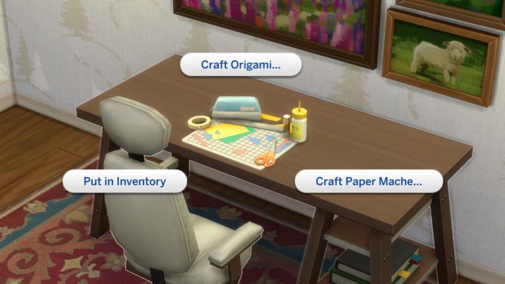 A screenshot from The Sims 4 showing  the options to create origami or paper mache 