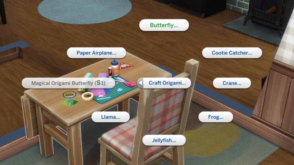 A screenshot from The Sims 4 showing the menus to craft an origami butterfly 