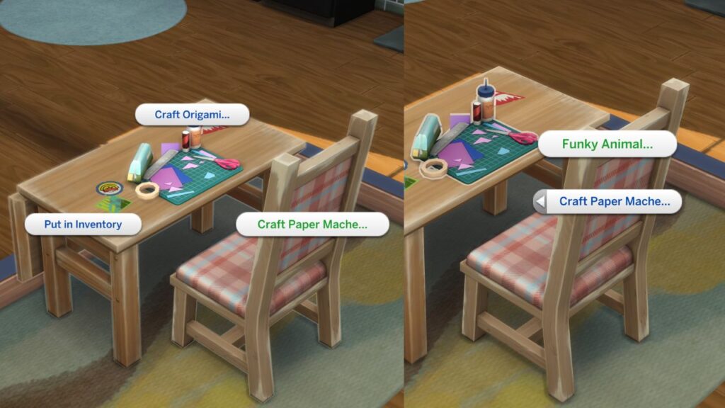 A screenshot from The Sims 4 showing the option to craft a funky animal with paper mache 