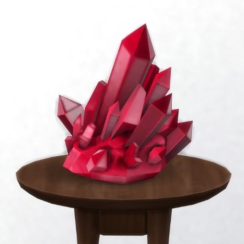 A screenshot from The Sims 4 showing a brown circular table with a crystal on top. This image has a crystal called crandestine