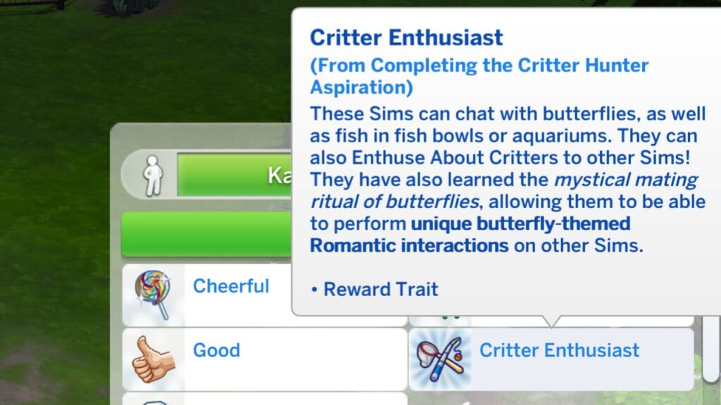 A screenshot from The Sims 4 showing the Critter Enthusiast reward trait from the critter hunter aspiration 
