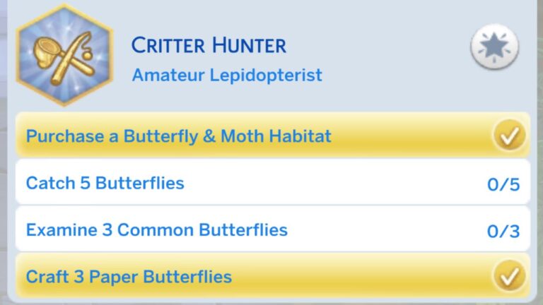 A screenshot from The Sims 4 showing the first stage of the critter hunter aspiration