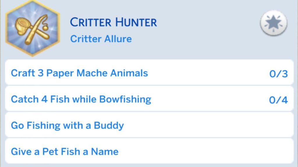 A screenshot from The Sims 4 showing the second stage of the critter hunter aspiration 