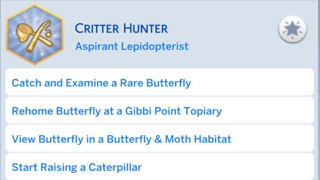 A screenshot from The Sims 4 showing the third stage of the Critter Hunter Aspiration 