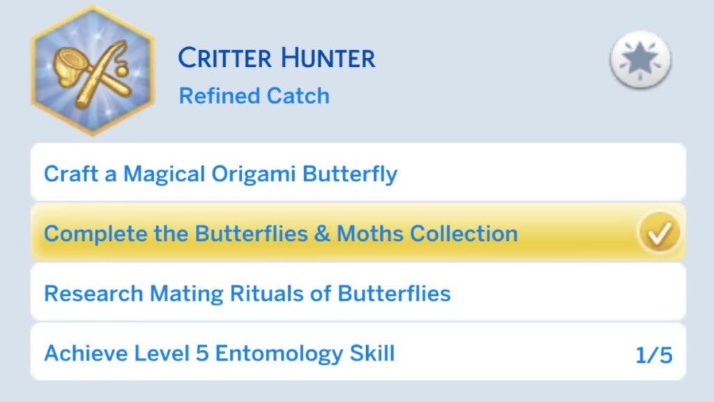 A screenshot from The Sims 4 showing the fourth stage of the critter hunter aspiration 