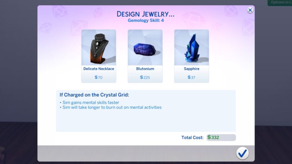 A screenshot from The Sims 4 showing the menu to design jewelry on a gemology table