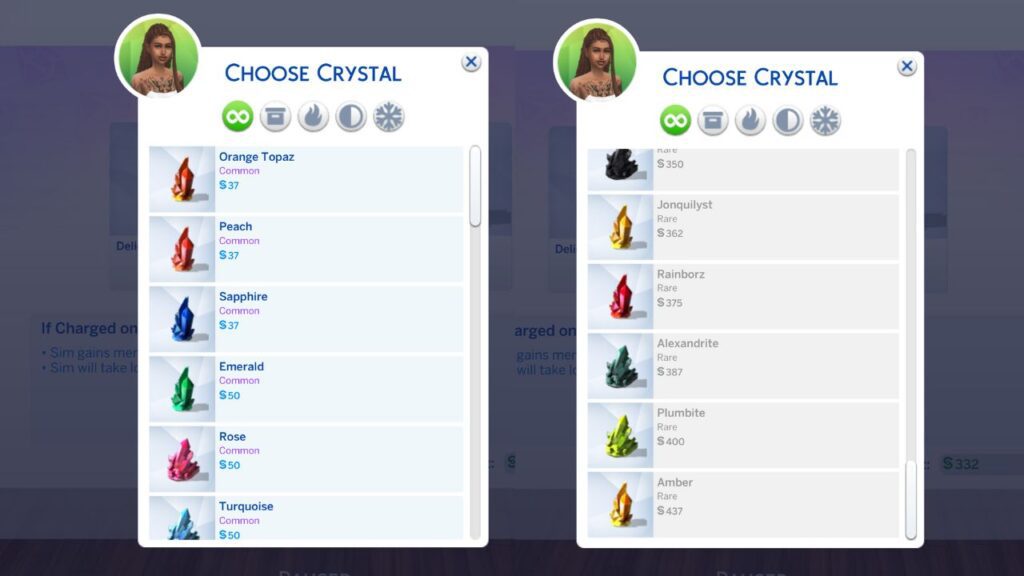 A screenshot from The Sims 4 showing the options for choosing crystals on a gemology table
