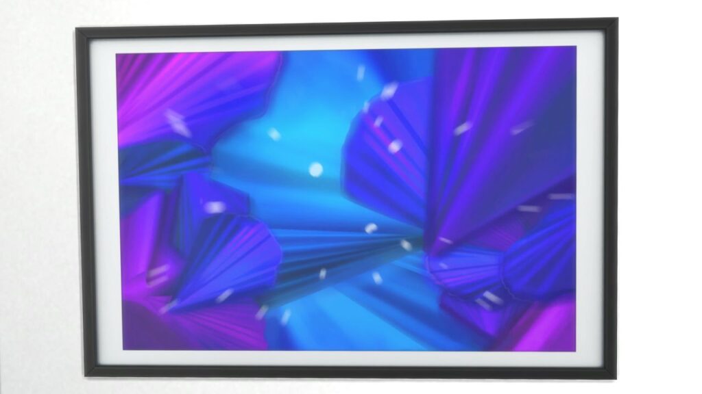 A screenshot from The Sims 4 of a black frame with an image of a crystal under a microscope 