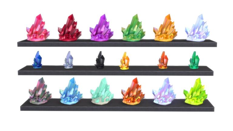 A screenshot from The Sims 4 showing a wall with shelves covered in crystals
