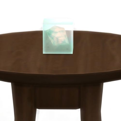 A screenshot from The Sims 4 showing a dark brown table with a Crytacoo element in a square on top