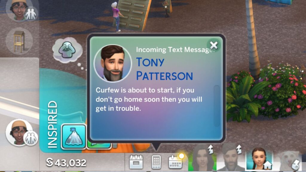 A screenshot from The Sims 4 showing an incoming text from a parent about curfew