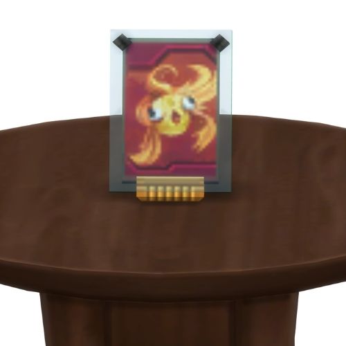 A screenshot from The Sims 4 showing a brown table with a Voidcritter on top. This has the voidcritter named cyprin