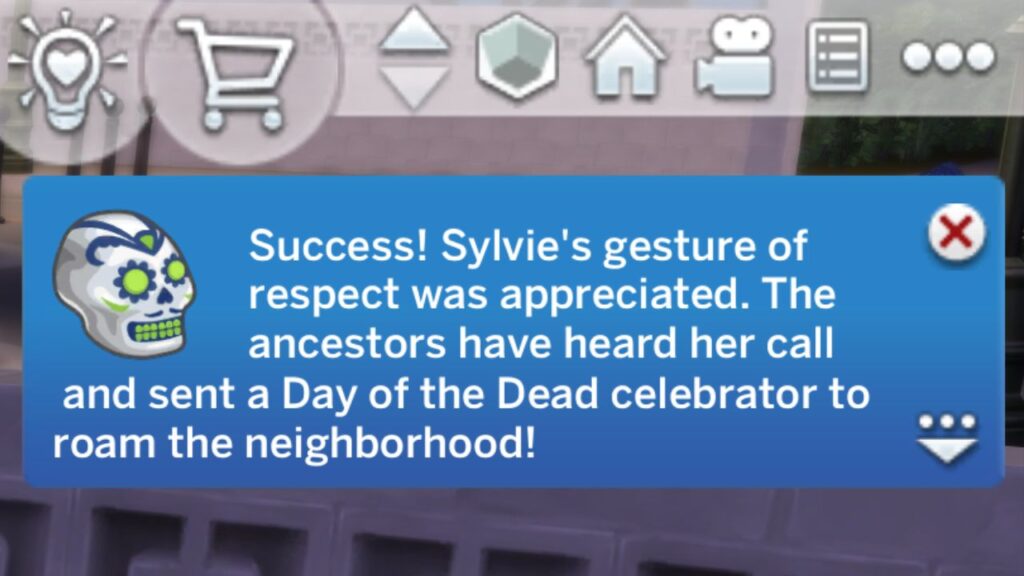A screenshot from The Sims 4 showing the notification for the day of the dead celebrator