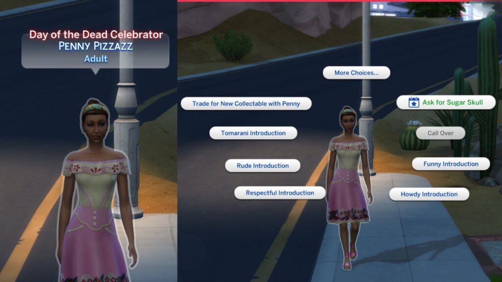 A screenshot from The Sims 4 showing the day of the dead celebrator and the option to ask for sugar skull