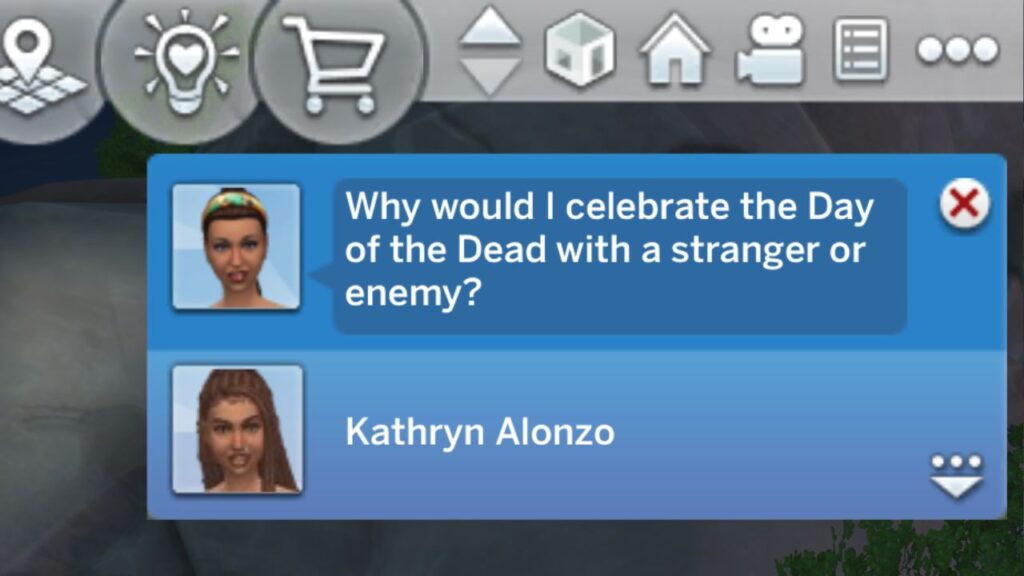 A screenshot from The Sims 4 showing the failure from day of the dead