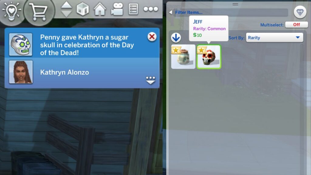 A screenshot from The Sims 4 showing a success from getting a skull from day of the dead