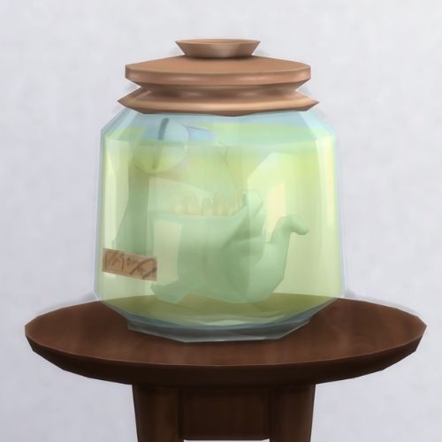 A screenshot from The Sims 4 showing a brown circle table with a jar on top and a dead blue slug inside