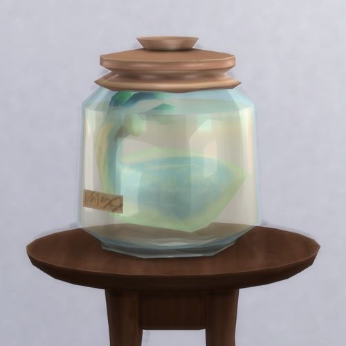 A screenshot from The Sims 4 showing a brown circle table with a jar on top with a dead pink whale inside