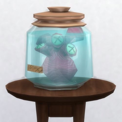 A screenshot from The Sims 4 showing a brown circle table with a large. jaron top and a dead red coral inside