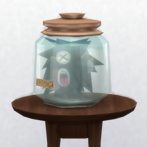 A screenshot from The Sims 4 showing a brown circle table with a large jar on top and a dead space porcupine inside