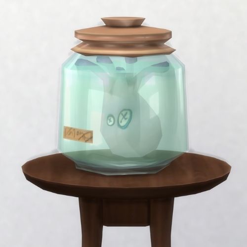A screenshot from The Sims 4 showing a brown circle table with a jar on top with a dead space squid inside of it