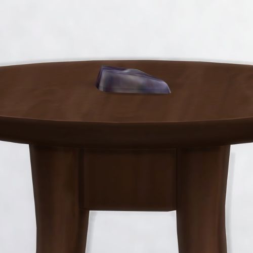 A screenshot from The Sims 4 showing a brown wooden table with death metal