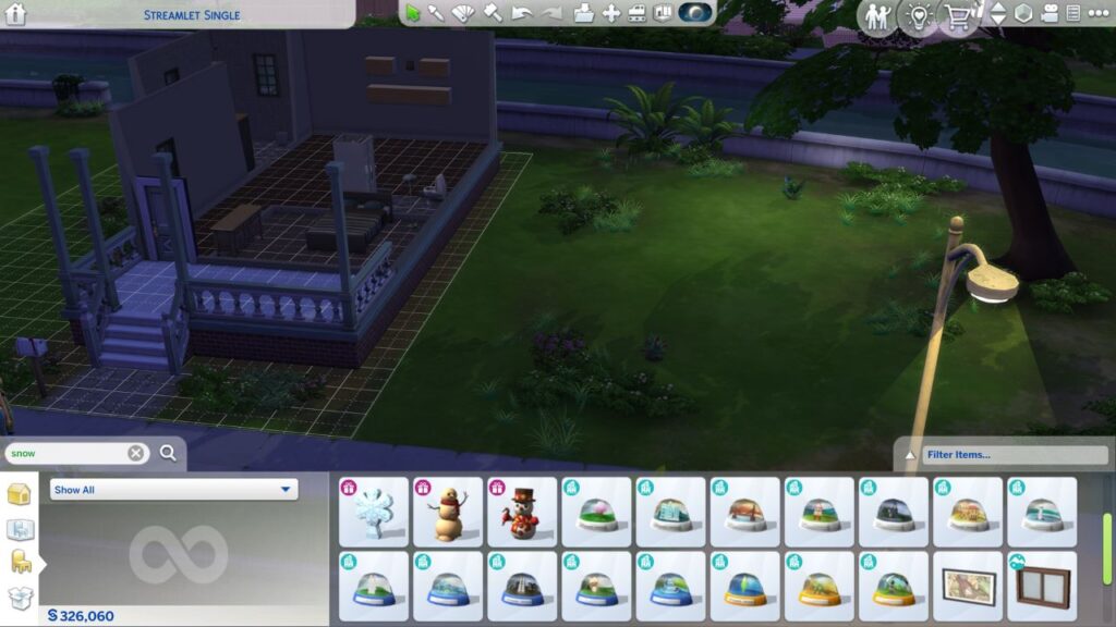 A screenshot from The Sims 4 showing how you can search items in debug to find snow globes