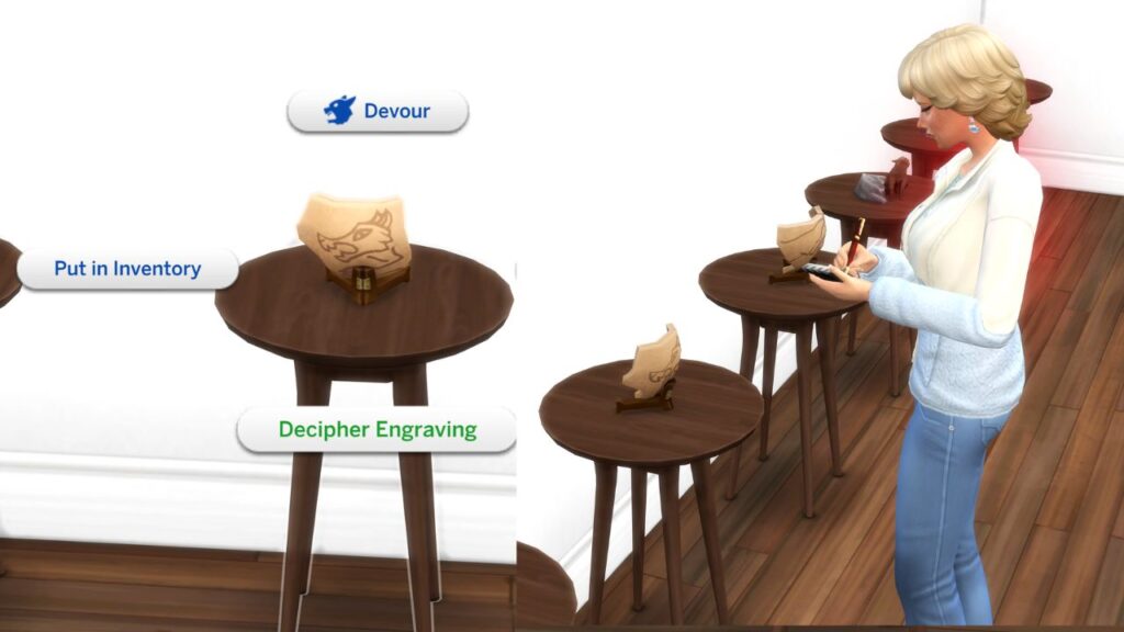 A screenshot from The Sims 4 showing how to decipher an engraving on a moonwood relic