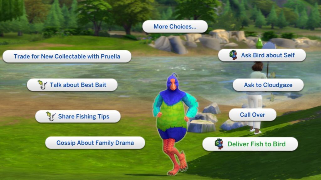 A screenshot from The Sims 4 showing the deliver fish to peculiar Plumbird interaction
