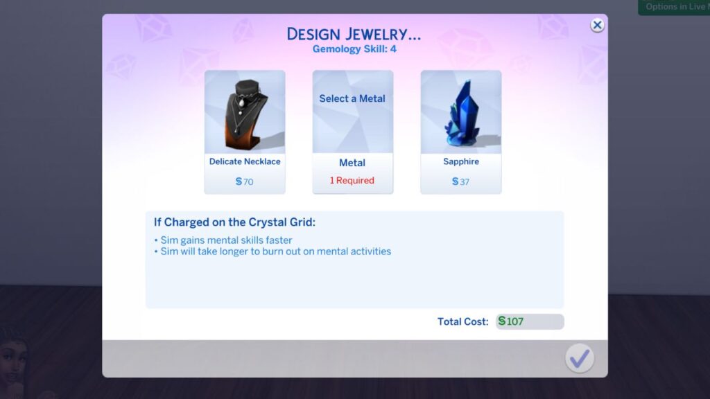A screenshot from The Sims 4 showing how you can design Jewelry with metals and crystals