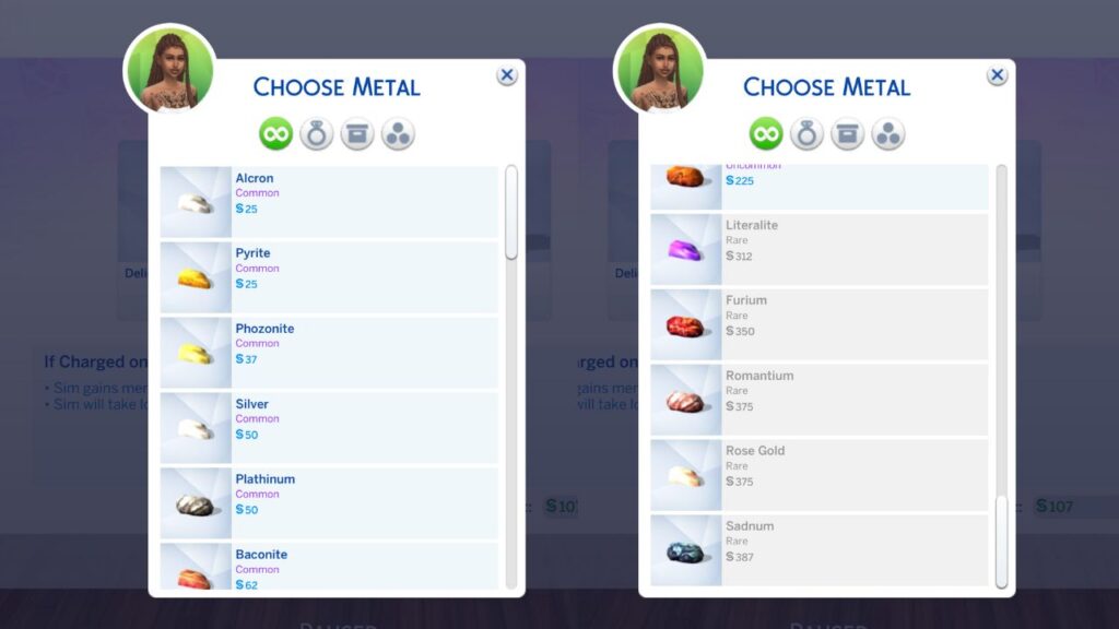A screenshot from The Sims 4 showing the option to choose a metal for making jewelry