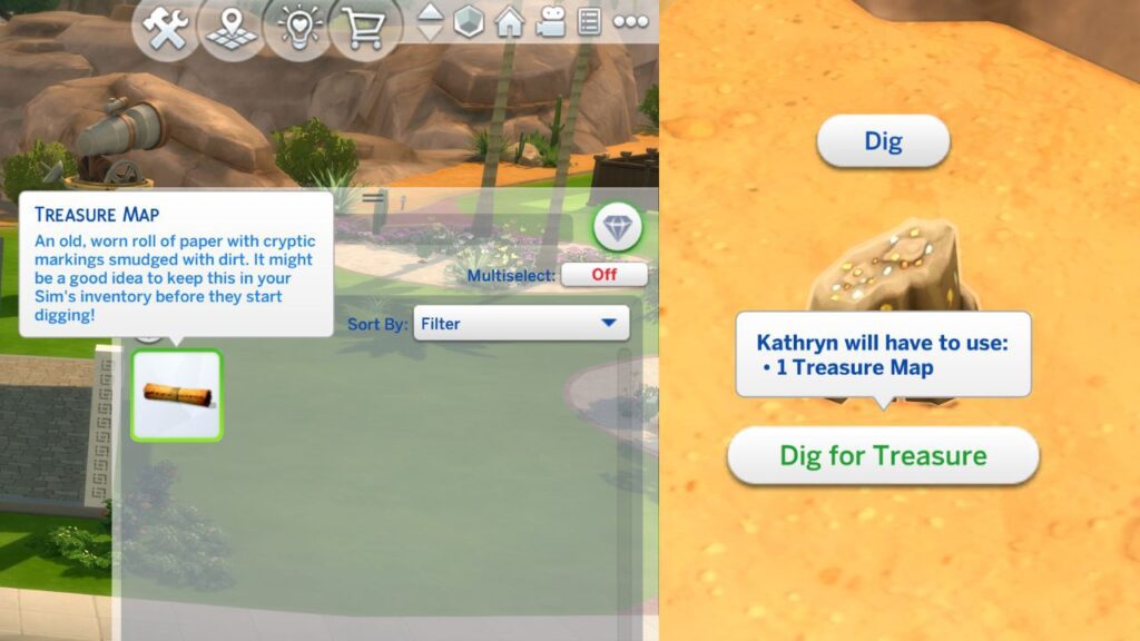 A screenshot from The Sims 4 showing how you can dig for treasure with a treasure map