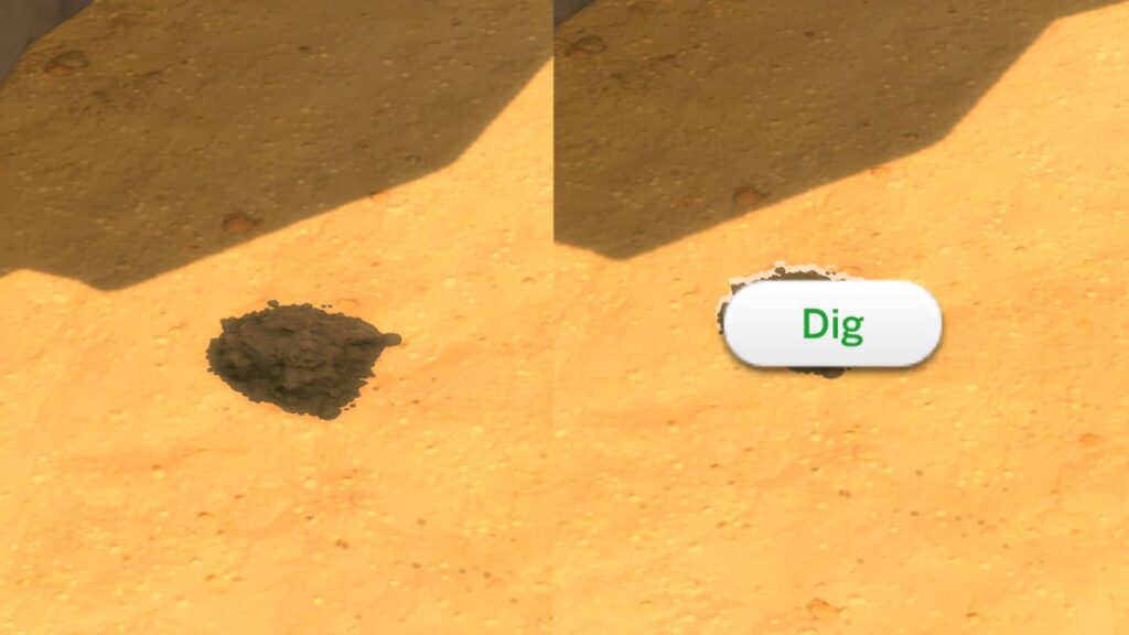 A screenshot from The Sims 4 showing a dig spot and the option to dig it up for treasures