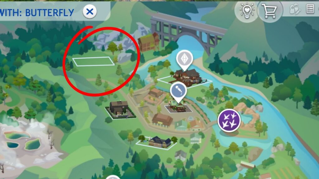 A screenshot from The Sims 4 showing the location of a Dina butterfly