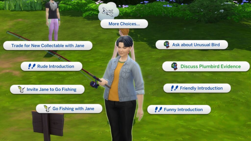 A screenshot from The Sims 4 showing the option to discuss Plumbird Evidence with a Gibbi point local