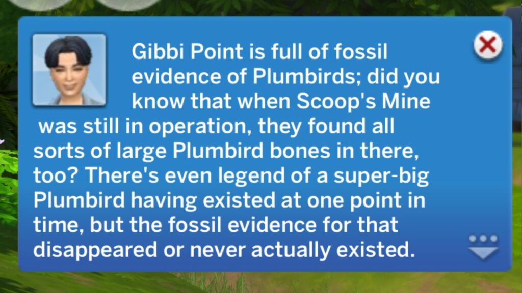 A screenshot from The Sims 4 showing a notification you get when you discuss Plumbird Evidence with a Gibbi Point Local