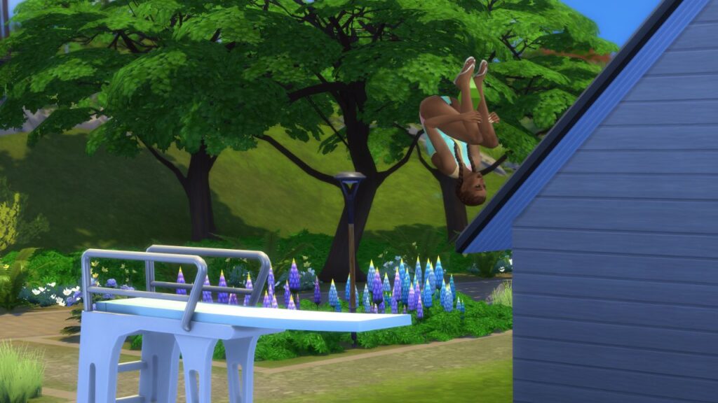 A screenshot from The Sims 4 showing a sim roll diving on a diving board
