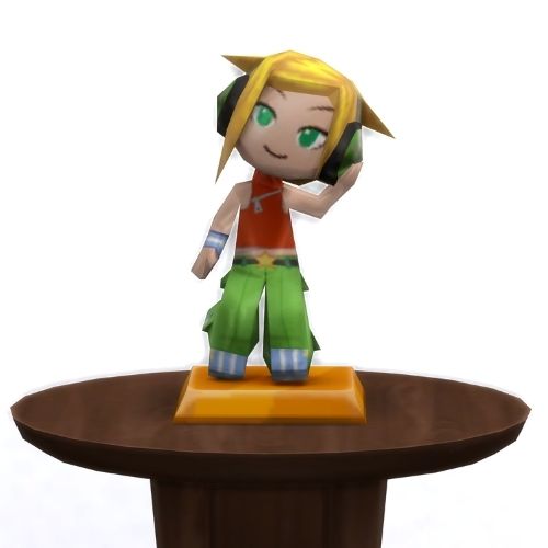 A screenshot from The Sims 4 with a small, circular brown table. On top is a MySims Trophy named DJ Candy