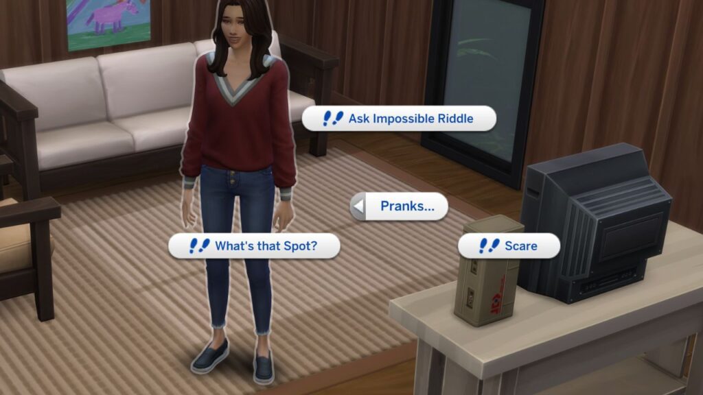 A screenshot from The Sims 4 showing the social menu to prank a family member