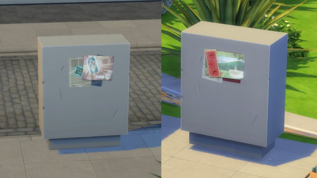 A screenshot from The Sims 4 showing two different electric boxes in San Myshuno