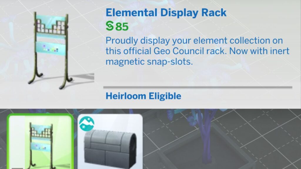 A screenshot from The Sims 4 showing the build mode listing for the elemental display rack